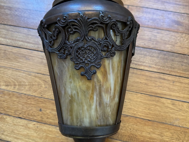 Vintage Art Deco–era slag glass pendant light, likely from the 1920s–1930s, illuminated the hallway.